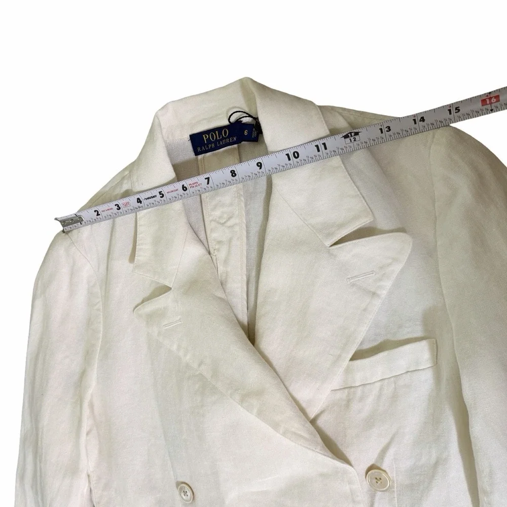 POLO Ralph Lauren Women Double Breasted Linen Blazer Size 6 White Coastal Preppy
